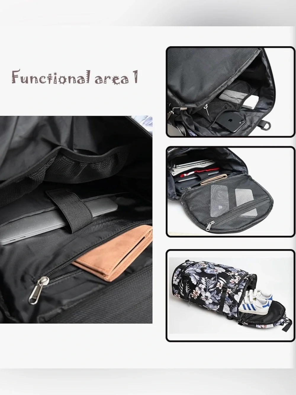 Black Floral Multi Purpose Travel Backpack Convertible